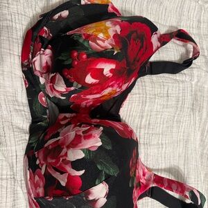 Cacique Black Bra with Red Floral Accents